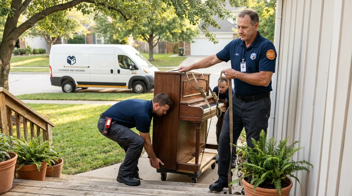 Licensed piano movers securing grand piano in Margaret, AL